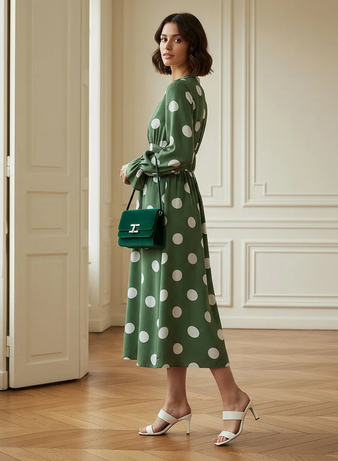 سبلاش فيڤ Polka Dot Print Midi Dress with Long Sleeves and Cinched Waist Detail