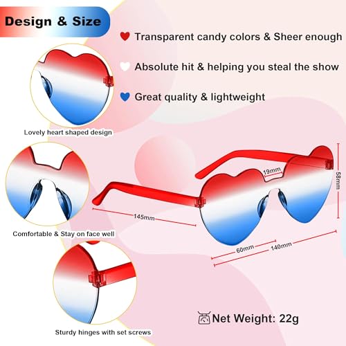 ILHSTY 2 Pair Heart Sunglasses for Women Men, Patriotic Rimless heart Shaped Sunglasses USA Red White Blue Accessories for Memorial Day 4th of July Beach Pool Birthday Party Favor (Red White Blue-Heart) - Image 3