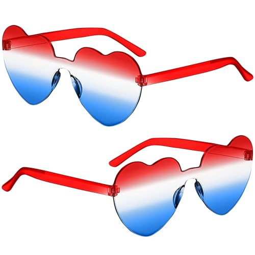 ILHSTY 2 Pair Heart Sunglasses for Women Men, Patriotic Rimless heart Shaped Sunglasses USA Red White Blue Accessories for Memorial Day 4th of July Beach Pool Birthday Party Favor (Red White Blue-Heart) - Image 1