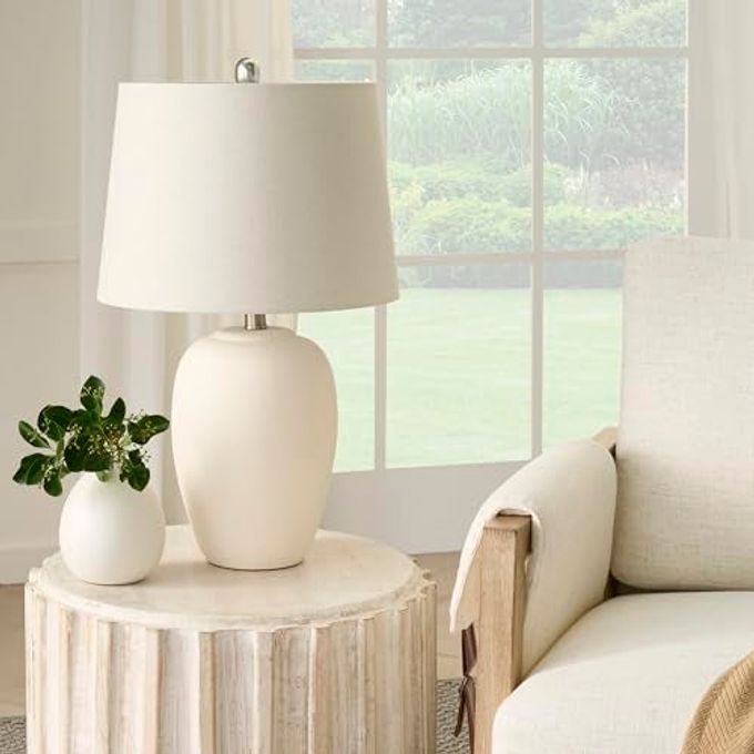 Nourison Home 23" Natural White Ceramic Jar Table Lamp for Bedroom, Living Room, Dining Office, with Off-White Shade - Image 1