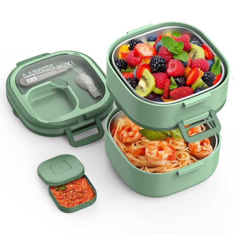 PEDECO DoubleLayer Bento Lunch Box for Kids Adults with Removable Stainless Steel DividersDressing ContainerBPAFreeDishwasher Safe Includes UtensilGreenNonInsulated