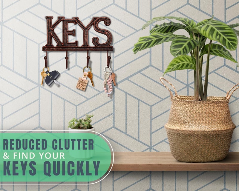 Comfify Key Holder for Wall - Decorative Farmhouse Rustic Wall Mount Key Organizer with 4 Hooks - Vintage Cast Iron Key Rack with Screws and Anchors – 6x8 - Copper with Black - Image 5