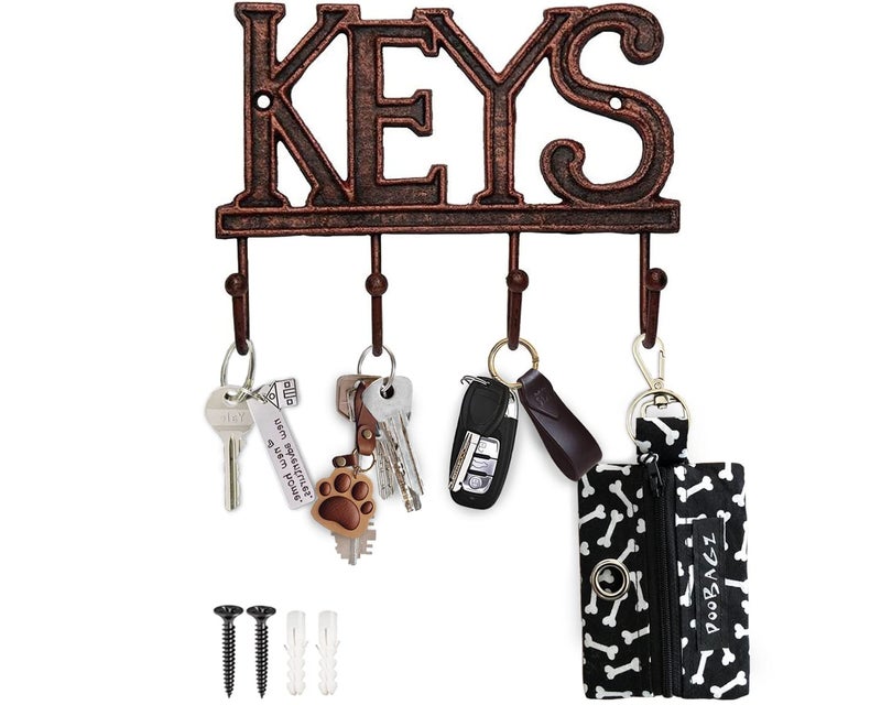 Comfify Key Holder for Wall - Decorative Farmhouse Rustic Wall Mount Key Organizer with 4 Hooks - Vintage Cast Iron Key Rack with Screws and Anchors – 6x8 - Copper with Black - Image 1