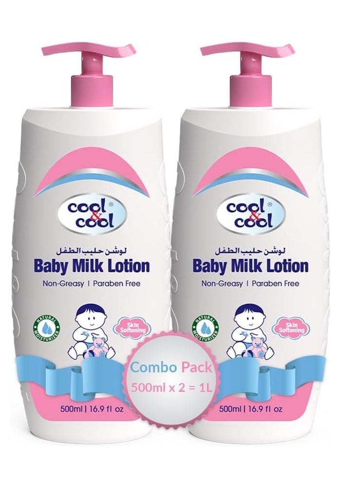 Cool & Cool Baby Milk Lotion Combo Pack - 1 Liter (500ml x 2) - Non-Greasy, Paraben-Free, Enriched with Vitamin E, Aloe Vera & Chamomile Extract - Image 1