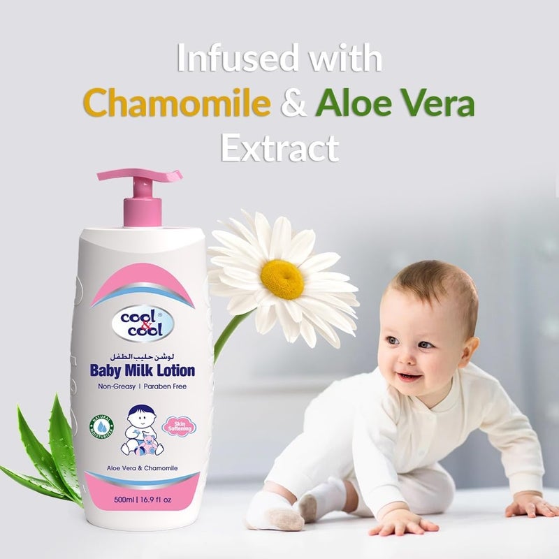 Cool & Cool Baby Milk Lotion Combo Pack - 1 Liter (500ml x 2) - Non-Greasy, Paraben-Free, Enriched with Vitamin E, Aloe Vera & Chamomile Extract - Image 2