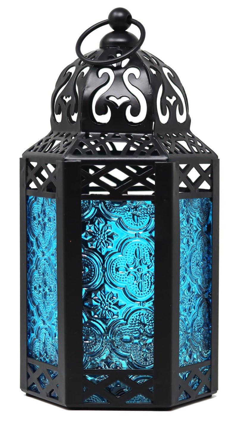 VELA LANTERNS 85 Small Black Metal Decorative Moroccan Lantern Candle Holder Lamp IndoorOutdoor Home Decor Patio Weddings Ramadan Decor Blue