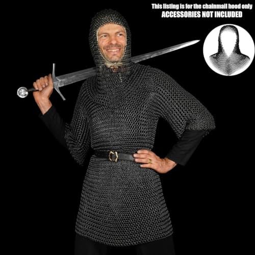 Mythrojan Chainmail Coif Medieval Knight Renaissance Armor Chain Mail Hood Viking LARP 16 Gauge Viking Knight Warrior Armour Costume Replica - Black, Large - Image 3