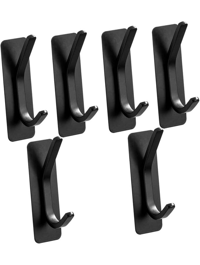 6 Pcs Adhesive Stainless Steel Hooks for Coats Hats Towels Strong Punch Wall Hangers Easy Installation Home Kitchen Black - Image 1