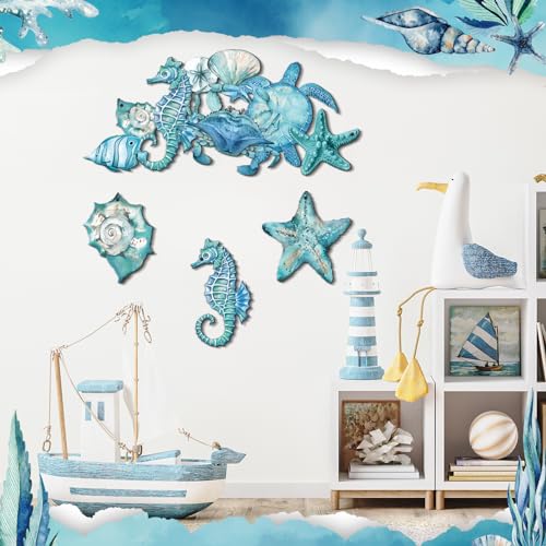 Blulu 4 Pcs Metal Beach Wall Decor Hanging Sea Life Decor Metal Fish Wall Art for Ocean Nautical Theme Living Room Bedroom DecorationsClassic Style - Image 3