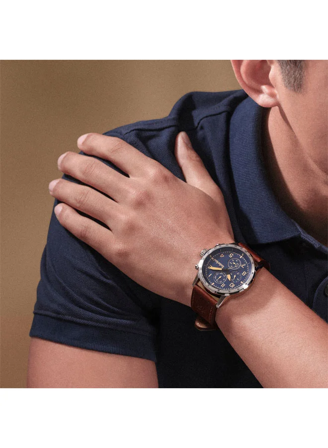 Timberland Men's Campton 44 mm Men's Multifunction Watch Blue  Dial  & Brown Leather Strap