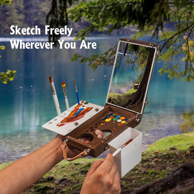 ACODE Wood Travel Watercolor Palette, Plein Air Easel Pochade Box for Art Supplies, Mini Walnut Portable Sketchbox for Painting, Handhold Tabletop Easel Storage Box, Wooden Art Box for Outdoor - Image 5