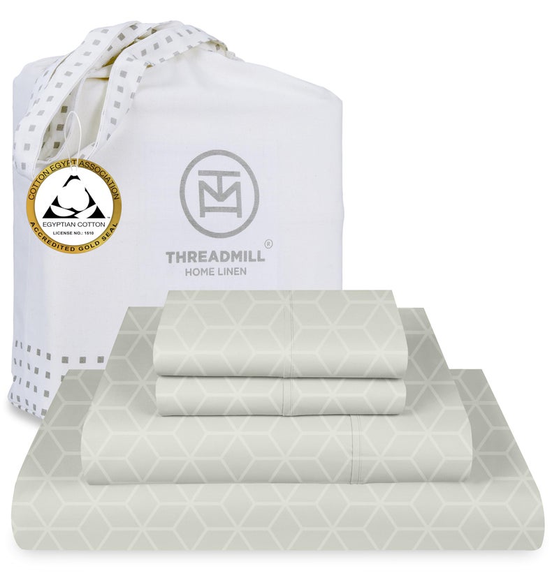 Threadmill طقم ملاءات من القطن المصري بالحجم الكامل من Threadmill | ملاءات من القطن المصري المعتمد بنسبة 100% للمراتب ذات الحجم الكامل | ملايات سرير بجيب عميق | طقم سرير تبريد من الجاكار الدمشقي الناعم 4 قطع | رمادي فاتح - Image 1