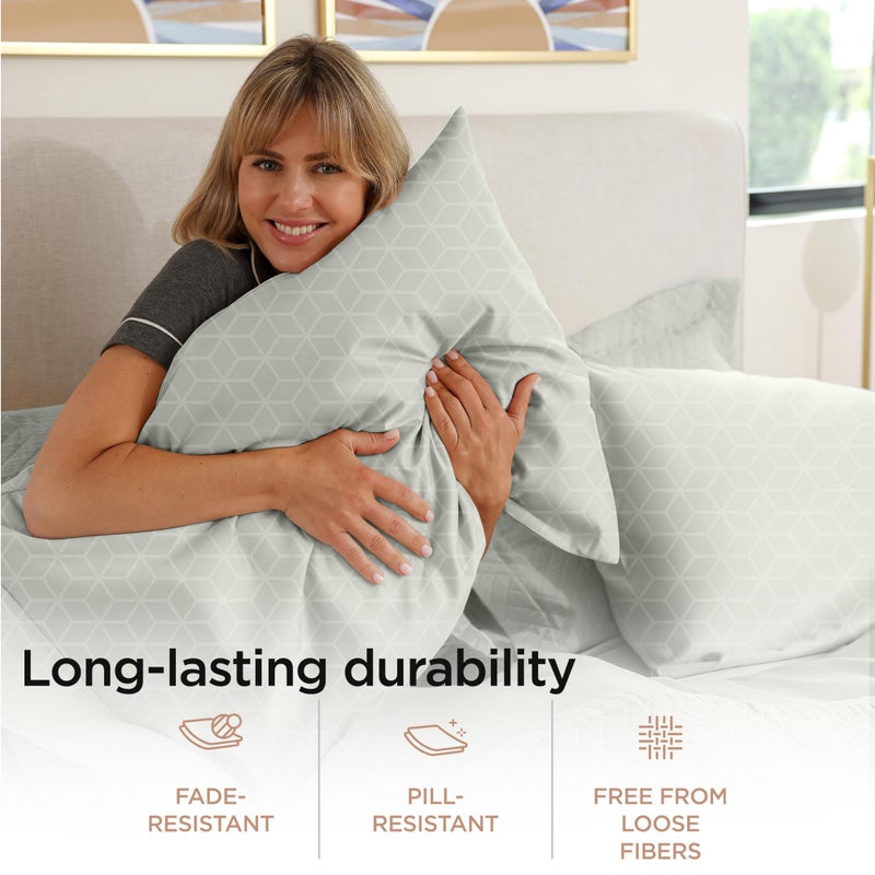 Threadmill طقم ملاءات من القطن المصري بالحجم الكامل من Threadmill | ملاءات من القطن المصري المعتمد بنسبة 100% للمراتب ذات الحجم الكامل | ملايات سرير بجيب عميق | طقم سرير تبريد من الجاكار الدمشقي الناعم 4 قطع | رمادي فاتح - Image 4