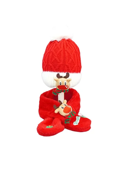 LITTLE SURPRISE BOX 2Pcs Red Reindeer Themed Winter Cap Beanie With Matching Long Style Neck Muffler For Kids