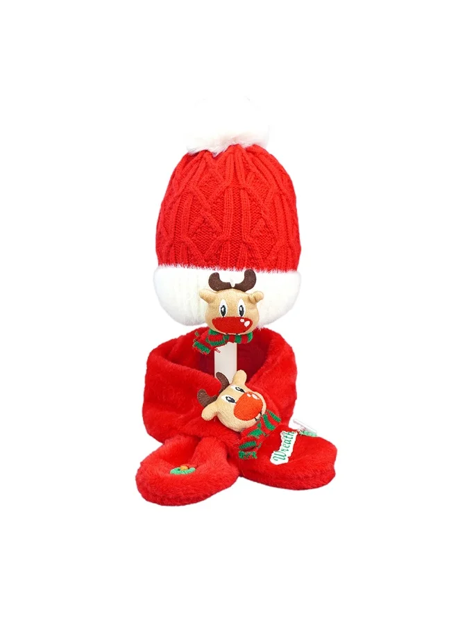 LITTLE SURPRISE BOX 2Pcs Red Reindeer Themed Winter Cap Beanie With Matching Long Style Neck Muffler For Kids