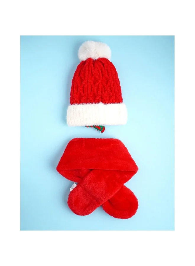 LITTLE SURPRISE BOX 2Pcs Red Reindeer Themed Winter Cap Beanie With Matching Long Style Neck Muffler For Kids