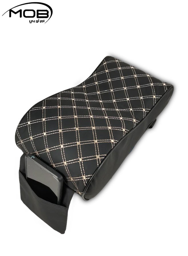 MOB Car Armrest Cushion Pad with Phone Pocket, Universal Memory Foam Center Console Cover, PU Leather Surface with Diamond Stitch, Ergonomic Support for Elbow and Wrist, 30x17cm, Waterproof and Durable – Black Beige Lining - Image 1
