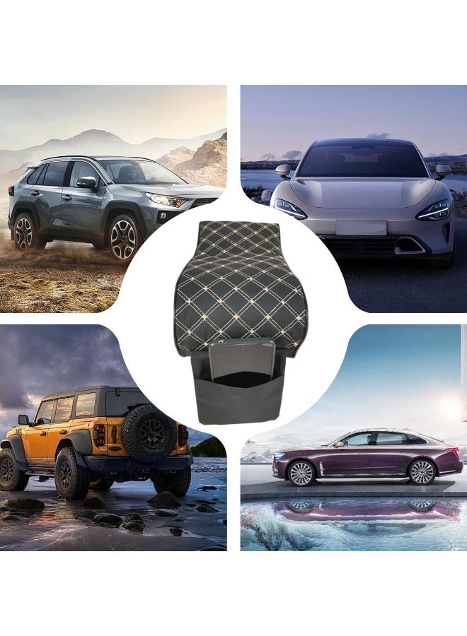 MOB Car Armrest Cushion Pad with Phone Pocket, Universal Memory Foam Center Console Cover, PU Leather Surface with Diamond Stitch, Ergonomic Support for Elbow and Wrist, 30x17cm, Waterproof and Durable – Black Beige Lining - Image 3