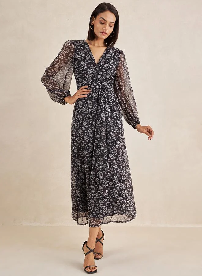Femmella Femmella Floral Print Front Knotted A-Line Maxi Dress