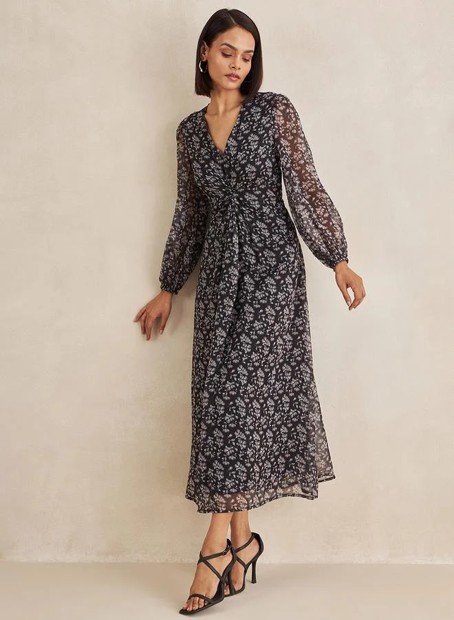 Femmella Femmella Floral Print Front Knotted A-Line Maxi Dress