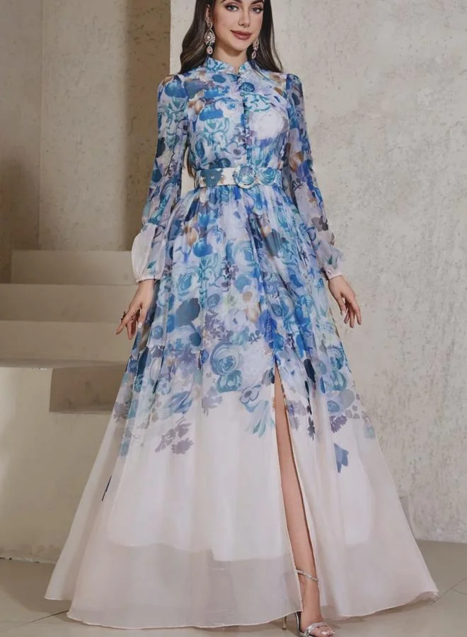 Take Two Floral A-Line Maxi Dress With Belt And Long Sleeves