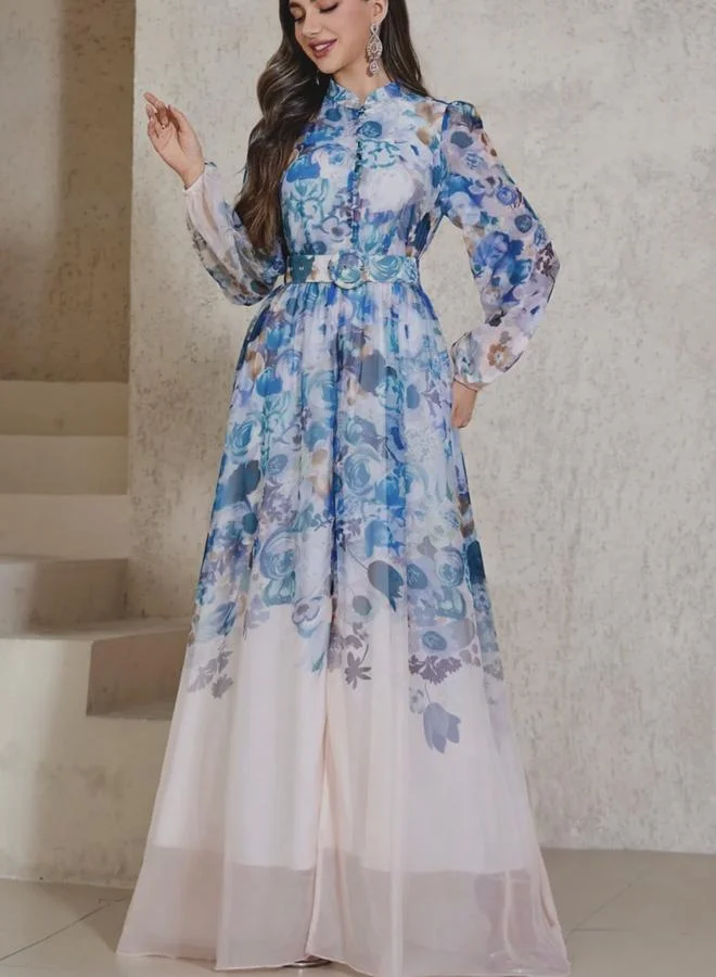 Take Two Floral A-Line Maxi Dress With Belt And Long Sleeves