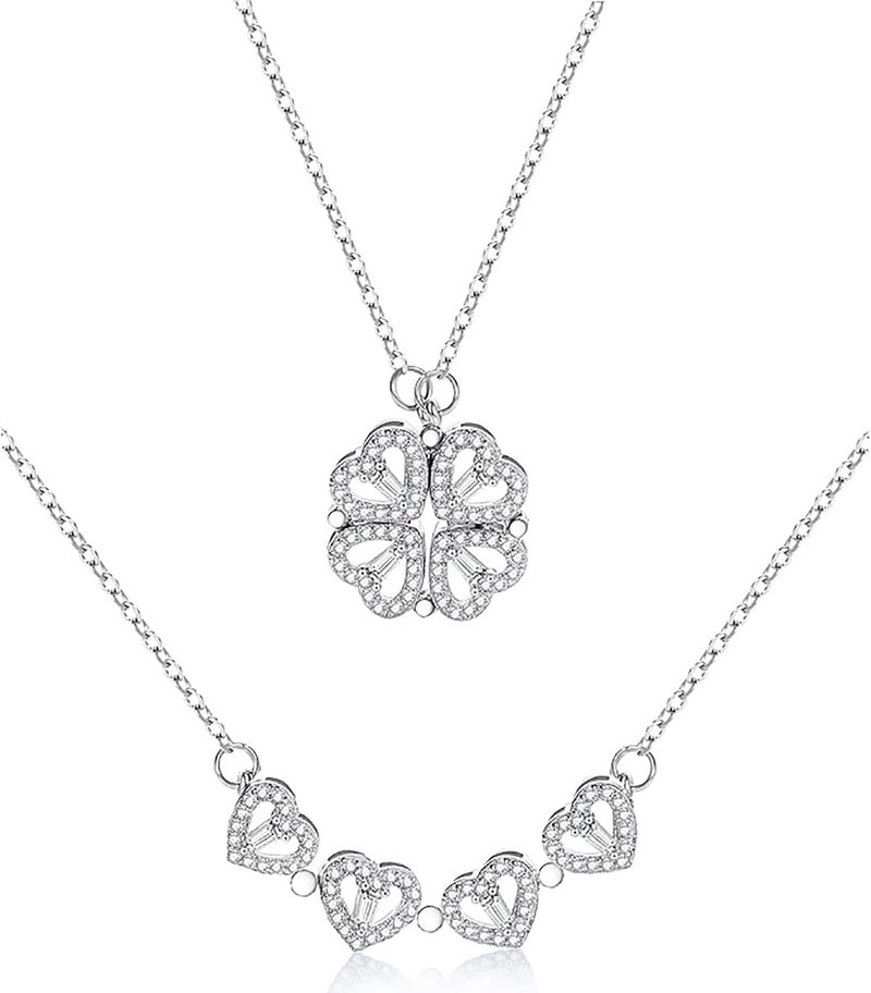 Mingkeda Four Leaf Clover Necklace Foldable for Women,925 Sterling SIlver Bling zircon stone Four Heart Grass Women's Necklaces Crocker ,Retro Magnetic Folding Love Heart Pendant One Style,Two Wearing Methods (Silver) - Image 1