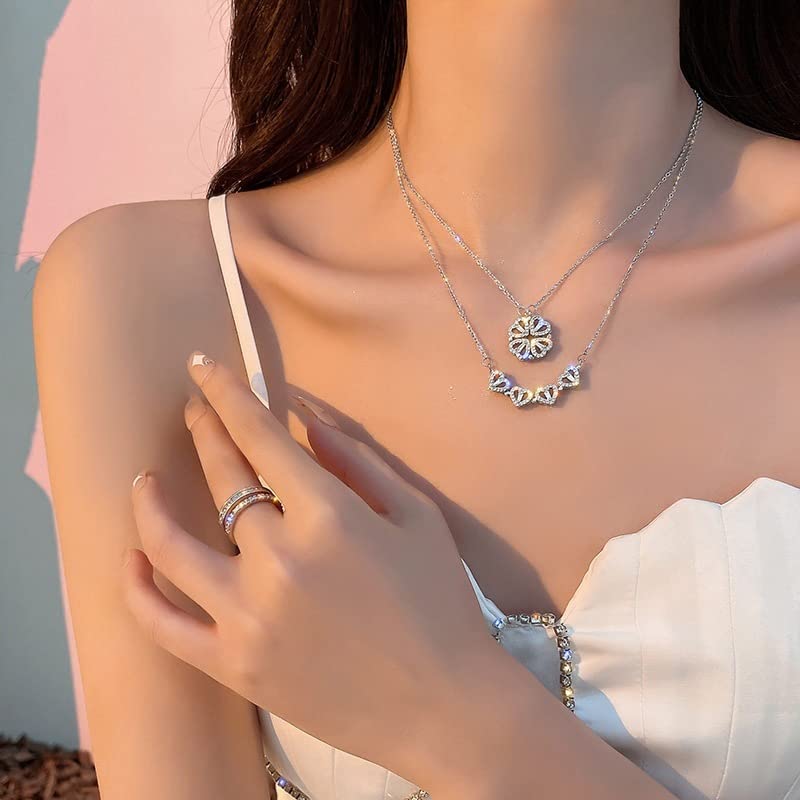 Mingkeda Four Leaf Clover Necklace Foldable for Women,925 Sterling SIlver Bling zircon stone Four Heart Grass Women's Necklaces Crocker ,Retro Magnetic Folding Love Heart Pendant One Style,Two Wearing Methods (Silver) - Image 4