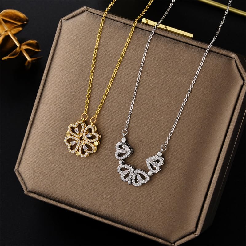 Mingkeda Four Leaf Clover Necklace Foldable for Women,925 Sterling SIlver Bling zircon stone Four Heart Grass Women's Necklaces Crocker ,Retro Magnetic Folding Love Heart Pendant One Style,Two Wearing Methods (Silver) - Image 5