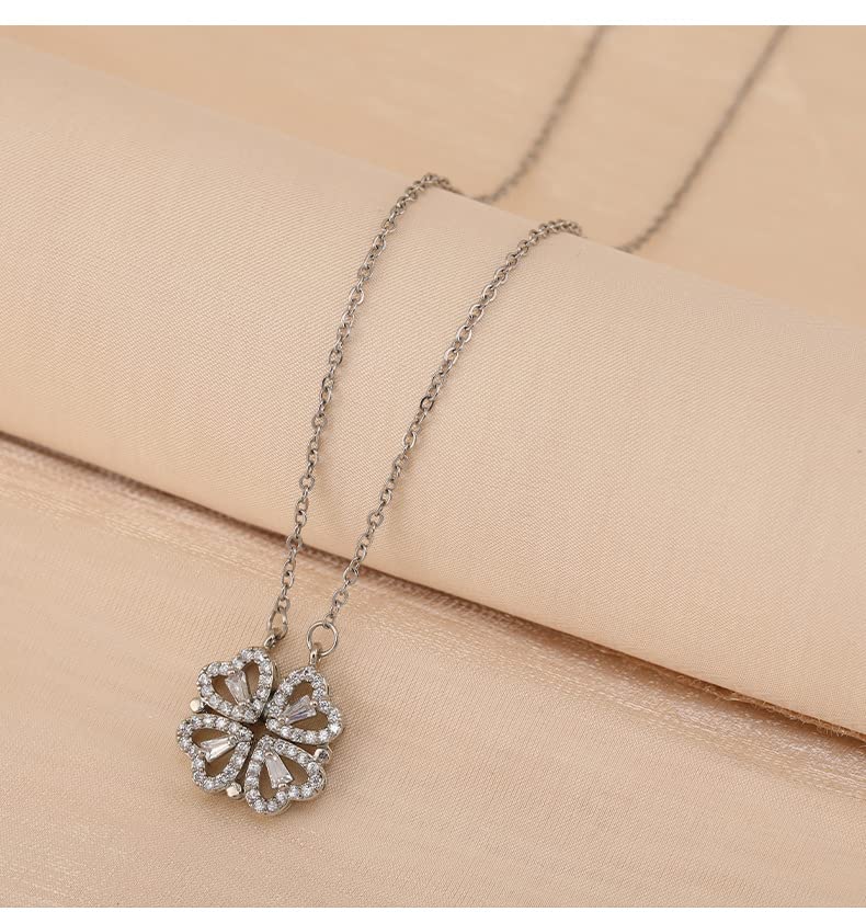Mingkeda Four Leaf Clover Necklace Foldable for Women,925 Sterling SIlver Bling zircon stone Four Heart Grass Women's Necklaces Crocker ,Retro Magnetic Folding Love Heart Pendant One Style,Two Wearing Methods (Silver) - Image 3