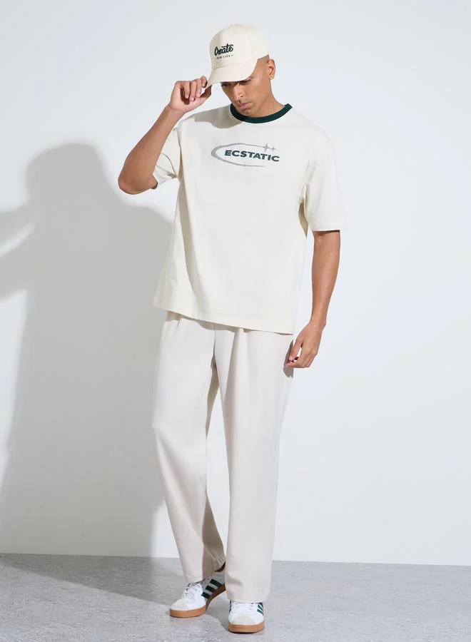 Styli Cream Graphic Print Contrast Crew neck Oversized T-Shirt