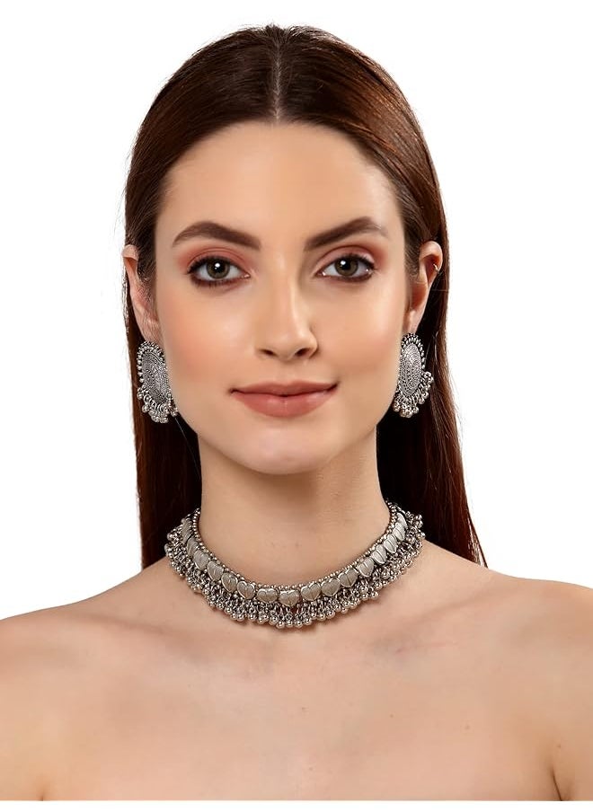 Shining Diva Fashion Latest Stylish Traditional Oxidised Silver Necklace Jewelery Set For Women 13157S  - Image 4