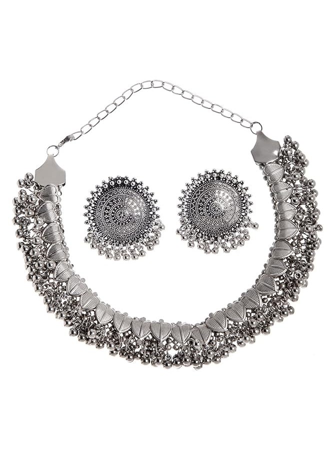 Shining Diva Fashion Latest Stylish Traditional Oxidised Silver Necklace Jewelery Set For Women 13157S  - Image 1