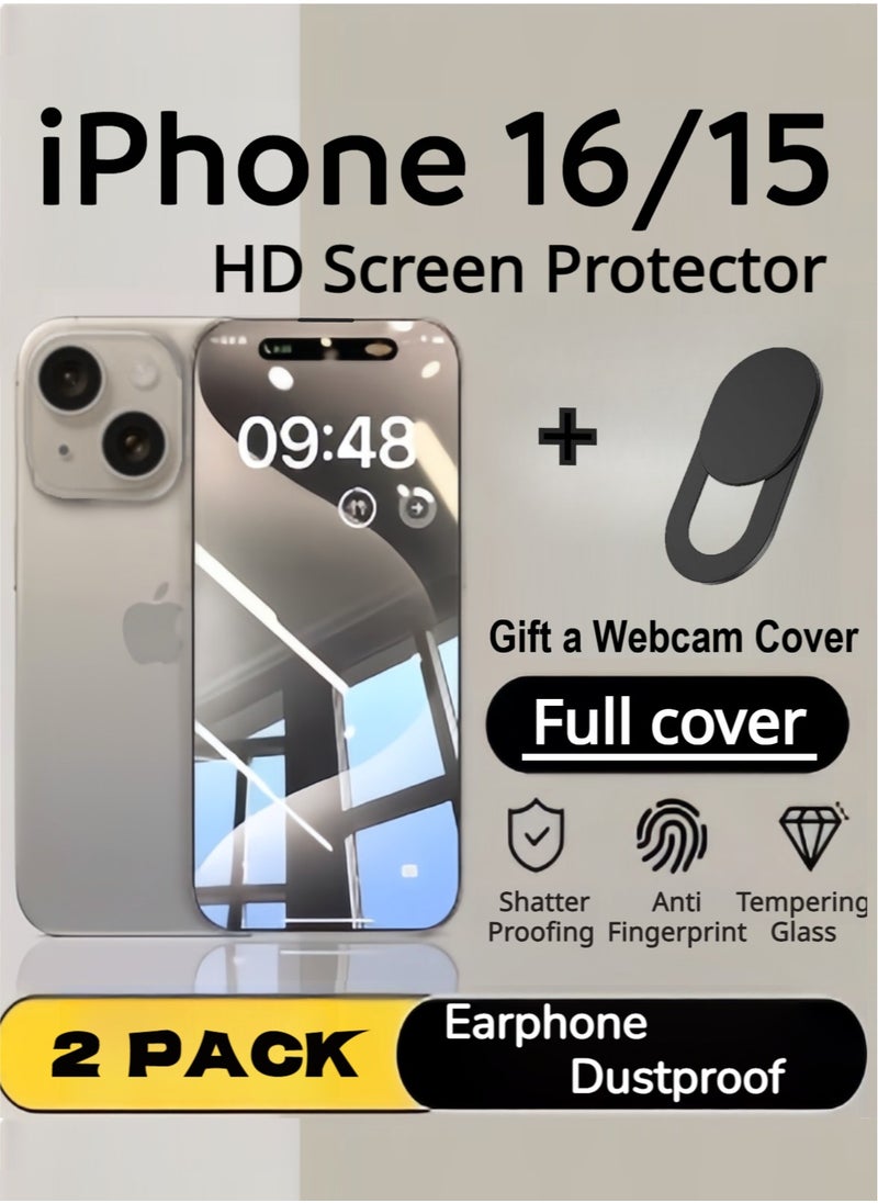 Generic iPhone 16/15 Screen protector 6.1" HD Clear ,Power-Grade Protection Scratch Resistant, Anti-Fingerprint, Bubble Free, 9H Tempered Glass Film for iPhone 15 -2 Pack Clear,IPhone 15/16 all models phone protective film  - Image 1