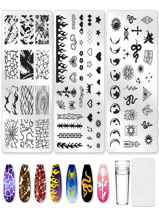 beinkmake 3Pcs Punk Nail Stamping Plate Set Snake Heart Nail Stamping Templates French Line Tip Nail Plates Flames Star Stainless Steel DIY Reusable Tools with Stamper Scraper for Manicure Printing - Image 1