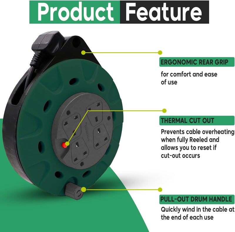 ADMORE England Green & Black 10 meters Power Extension Reel With 4 Socket Power Cable Extensions | 4-way Outlets | Retractable Power Strip | Round extension Cord | 1.25mm 99.9% Pure Copper Cable - Image 3