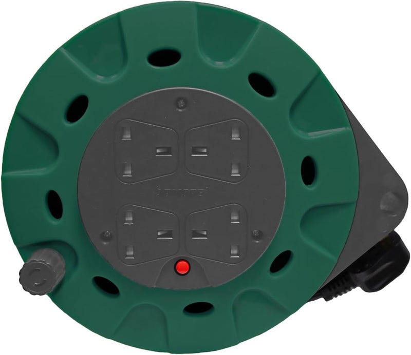 ADMORE England Green & Black 10 meters Power Extension Reel With 4 Socket Power Cable Extensions | 4-way Outlets | Retractable Power Strip | Round extension Cord | 1.25mm 99.9% Pure Copper Cable - Image 1