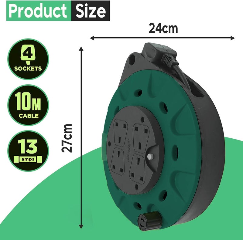 ADMORE England Green & Black 10 meters Power Extension Reel With 4 Socket Power Cable Extensions | 4-way Outlets | Retractable Power Strip | Round extension Cord | 1.25mm 99.9% Pure Copper Cable - Image 2
