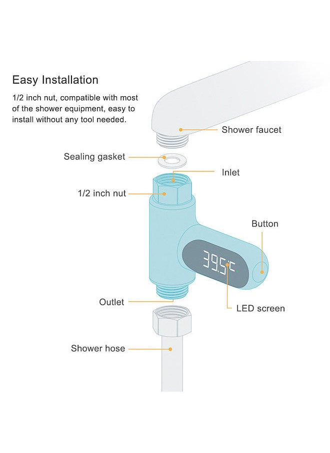 LED Display Water Meter Digital Shower Thermometer Bath Temperature Monitor Water-temperature Measuring Instrument with 5~85℃ Range ℃/℉ High Accuracy Shower Bathroom Accessory