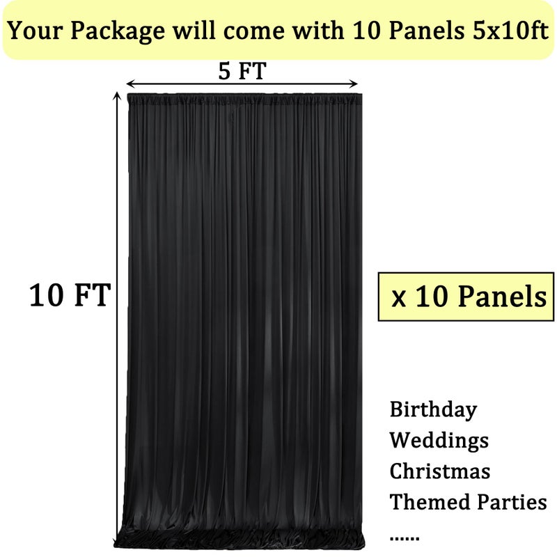 NSSONBEN Black Backdrop Curtain for Parties, 10 Panels Wrinkle Free Polyester Photo Backdrop Drapes for Weddings Birthday Anniversary Graduation Stage Photography Background Curtains Bulk, 50 ft x 10 ft - Image 3
