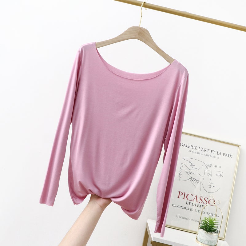 Modal Seamless Base Shirt Women'S Solid Color Thin Elastic Upper Body Large Round Neck Long Sleeve T-Shirt - Image 1