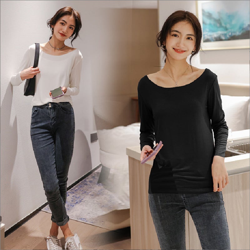 Modal Seamless Base Shirt Women'S Solid Color Thin Elastic Upper Body Large Round Neck Long Sleeve T-Shirt - Image 3