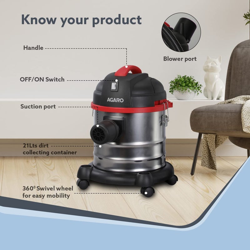 AGARO AGARO Ace WetDry Vacuum Cleaner1600 Watts215 Kpa Suction Power21 litres Tank Capacityfor Home UseBlower FunctionWashable 3L Dust BagStainless Steel BodyBlackRedSteel 21 LiterHEPA  - Image 5