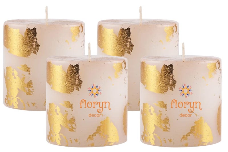 Floryn Decor Metallic Pillar Candles - Set of 4 Unscented Gold Dust Colour - 2.5 x 2.5 inches | Weddings, Home Decoration, Relaxation, Spa - Image 1