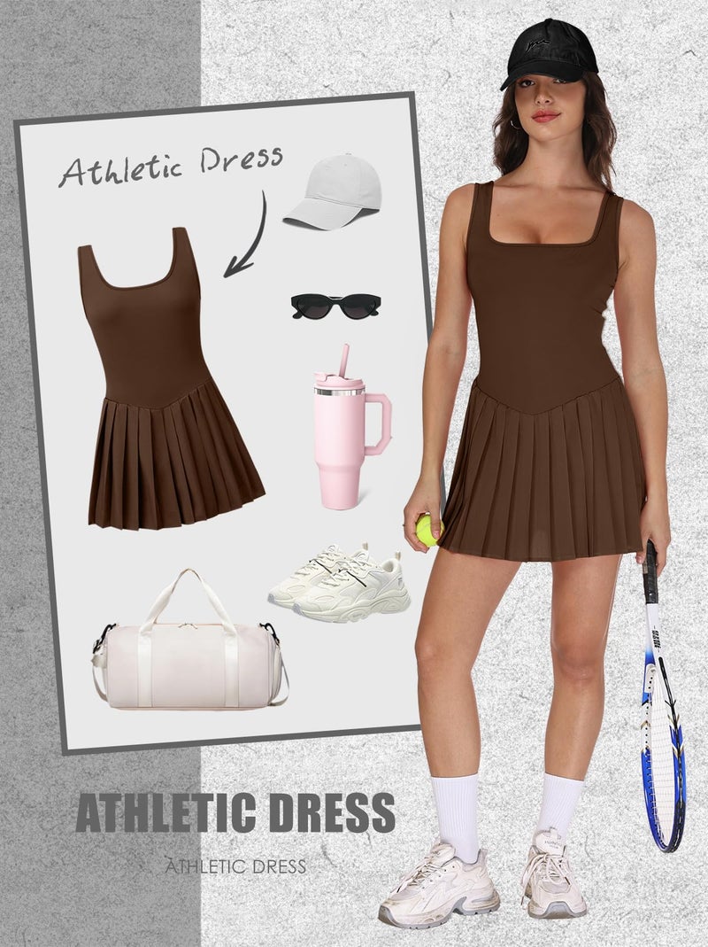 NIASHOT Athletic Dress for Women with Shorts Sleeveless Womens Golf Dress Built in Shorts Tennis Dresses Travel Outfits Spring Dress 2026 Brown S - Image 4