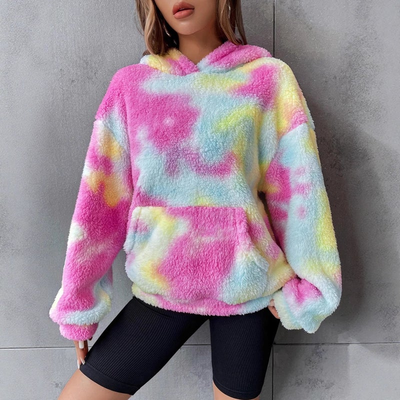 Oversized Tie-Dye Pocket Plush Hoodie Casual Streetwear - Image 3