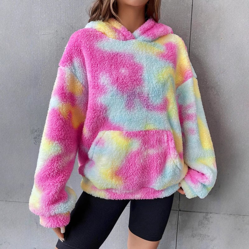 Oversized Tie-Dye Pocket Plush Hoodie Casual Streetwear - Image 2