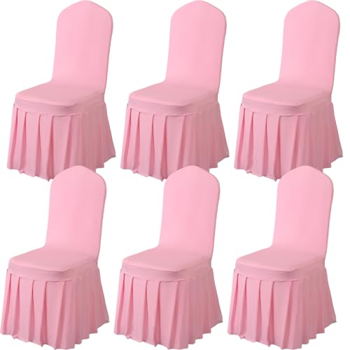 Qubjus 6 Pack Stretch Spandex Dining Chair Covers with Skirt – Washable & Fitted Slipcovers for Dining Room Chairs, Weddings, Home, Hotel Decor – Pink - Image 1