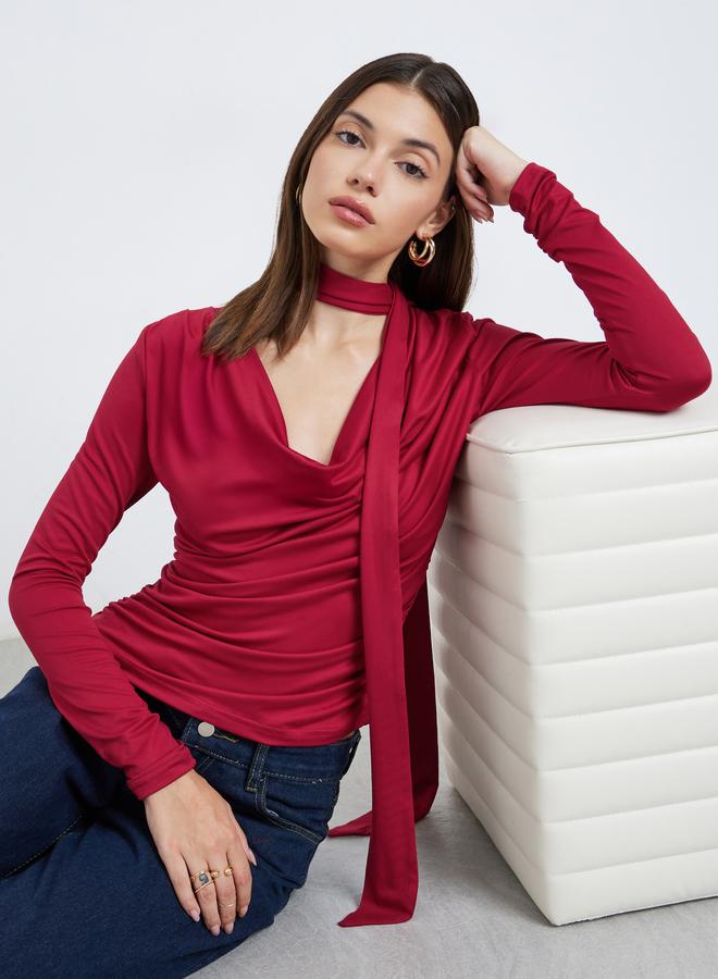 ستايلي بلوزة محبوكة بياقة منسدلة مع وشاح - Image 1