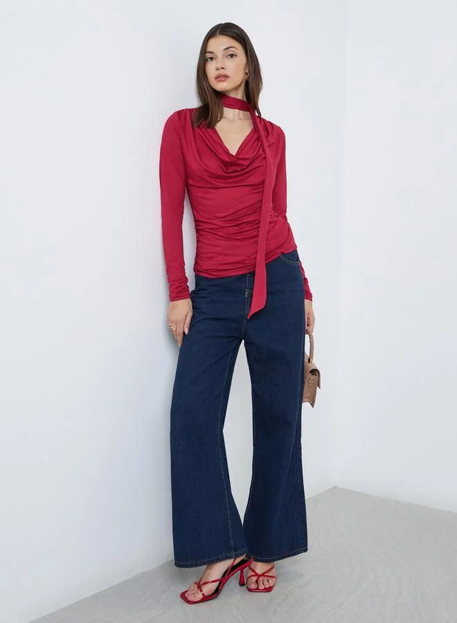 Styli Styli Red Cowl Neck Knit Top with Neck Scarf